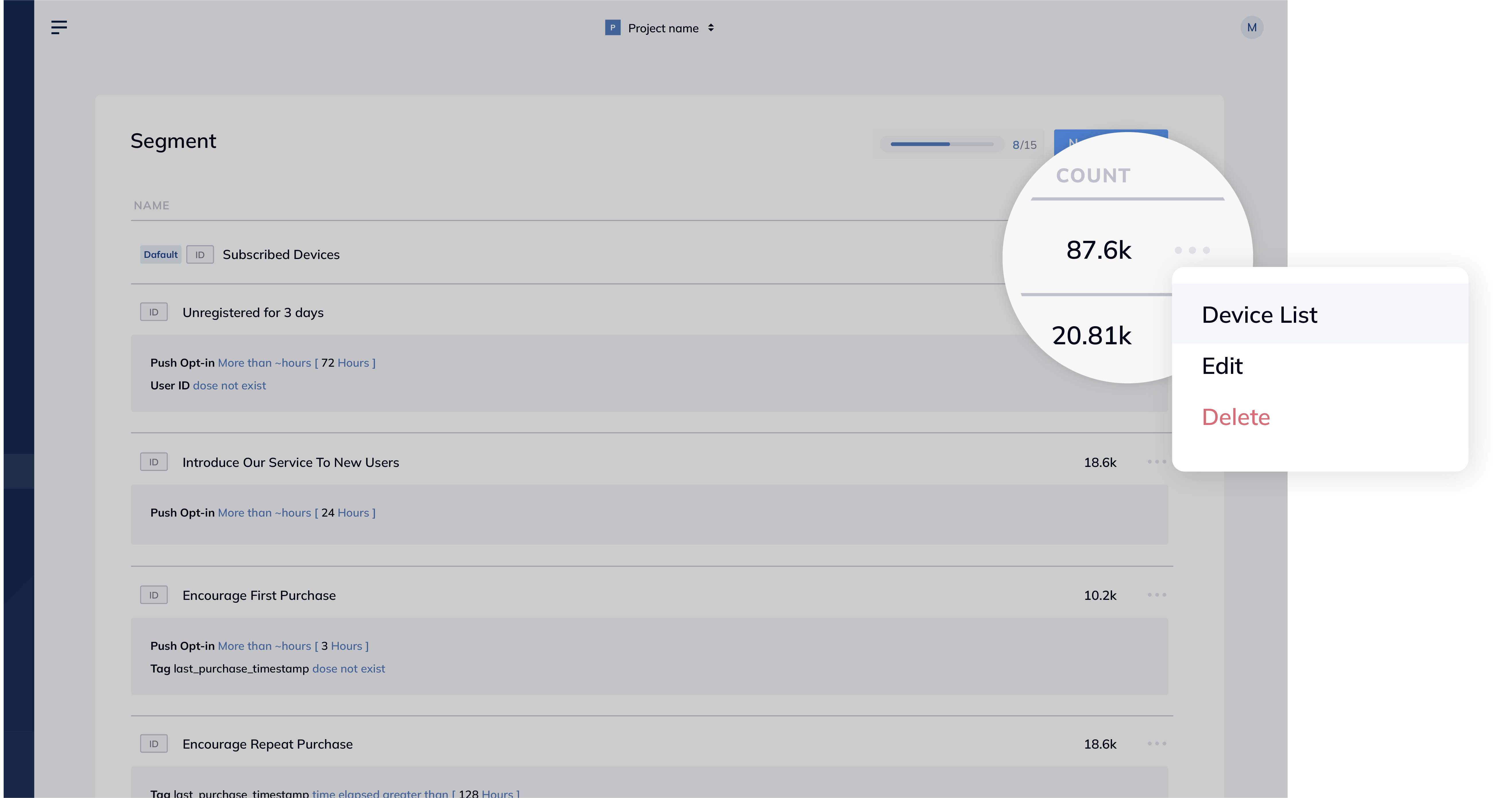 FlareLane Segments page showing how to view device list and edit or delete a segment