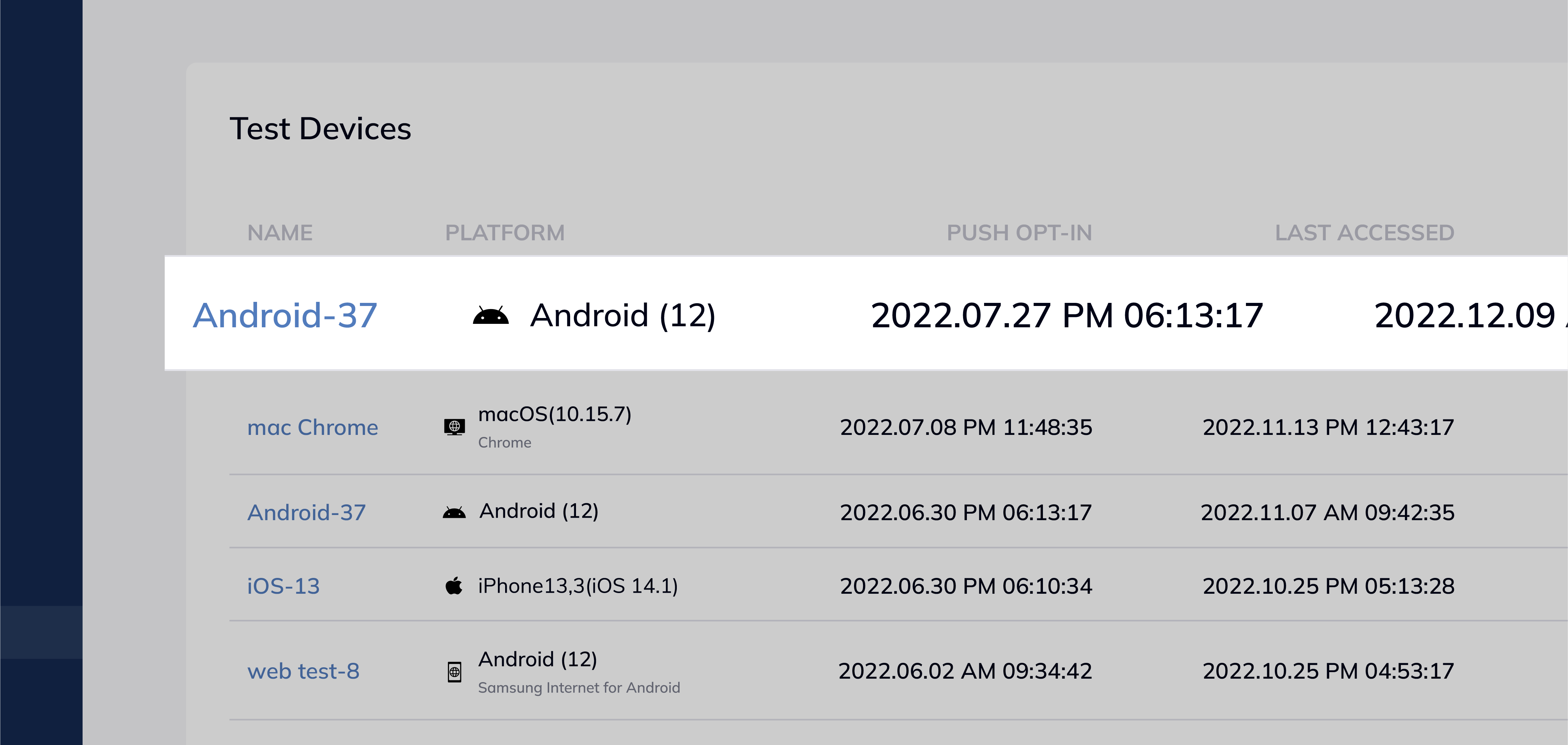 FlareLane Test Devices page showing that a device has been added as a test device