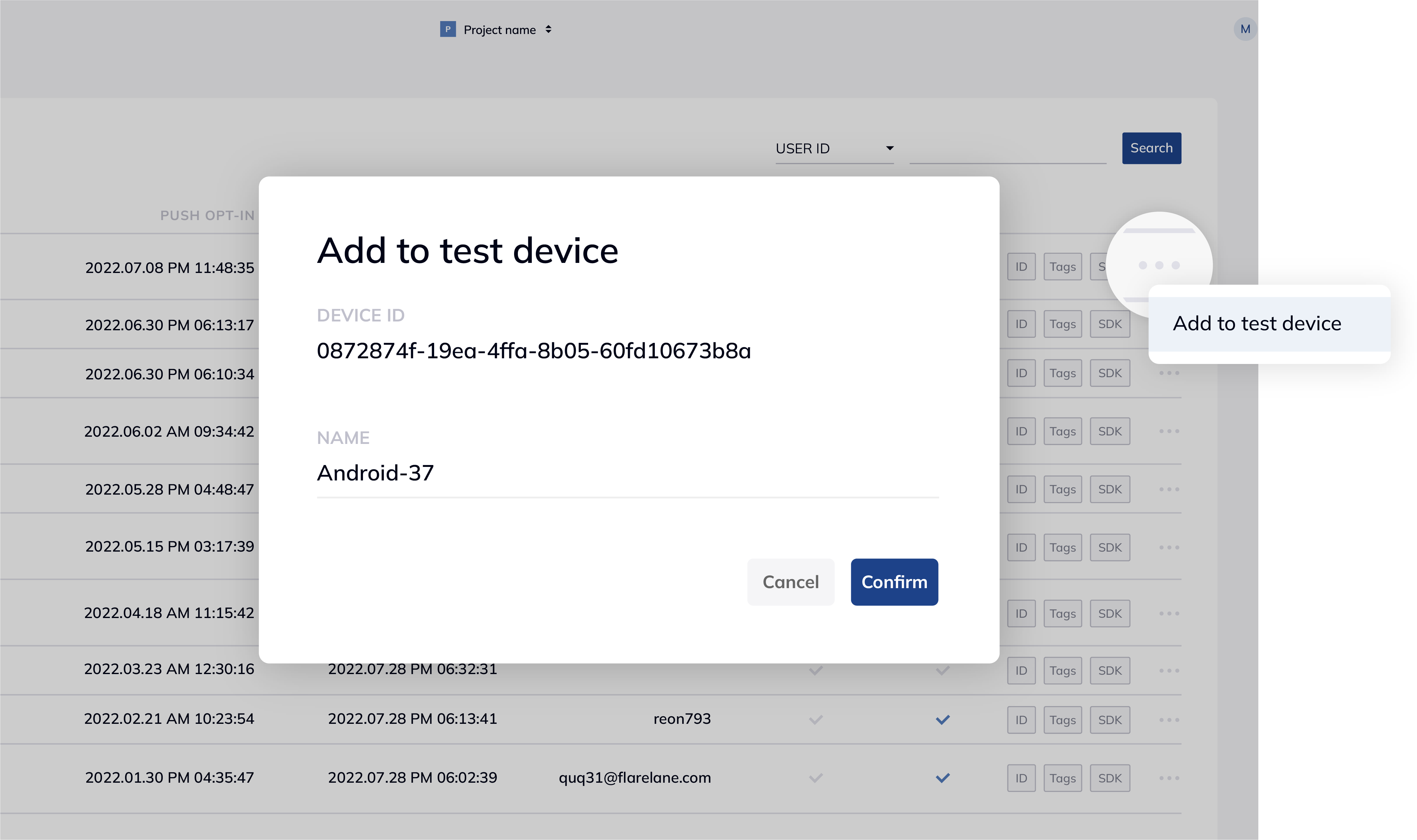 FlareLane All Devices page showing how to add a device as a test device
