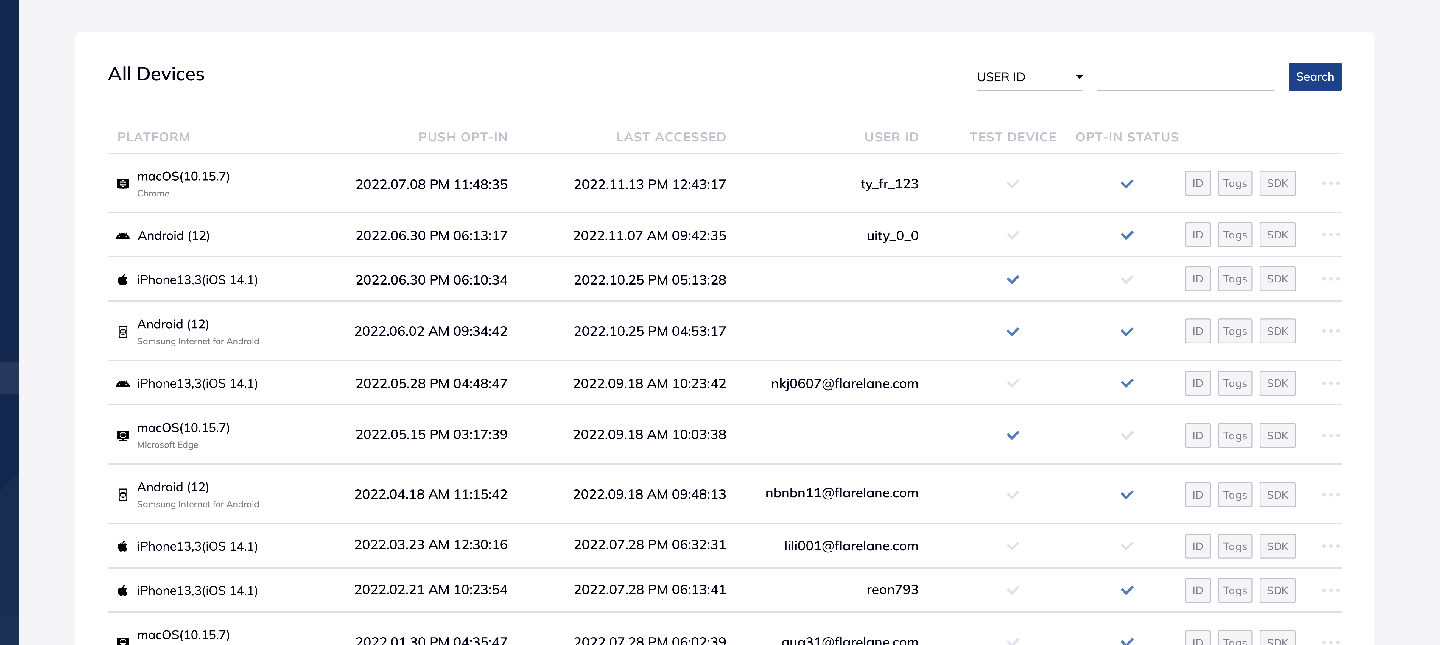 FlareLane All Devices page showing comprehensive list of devices that have subscribed to push notifications
