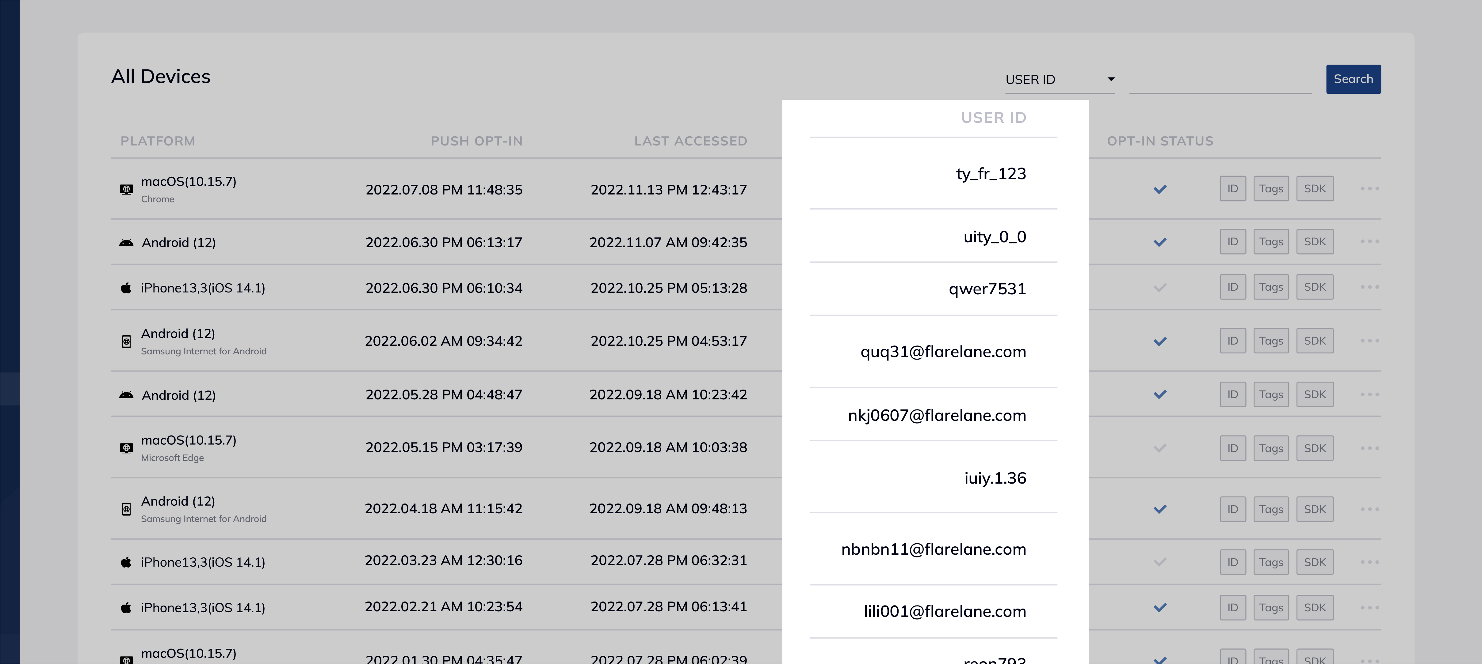 FlareLane All Devices page showing how to add User ID which identifies the customers as members or non-members