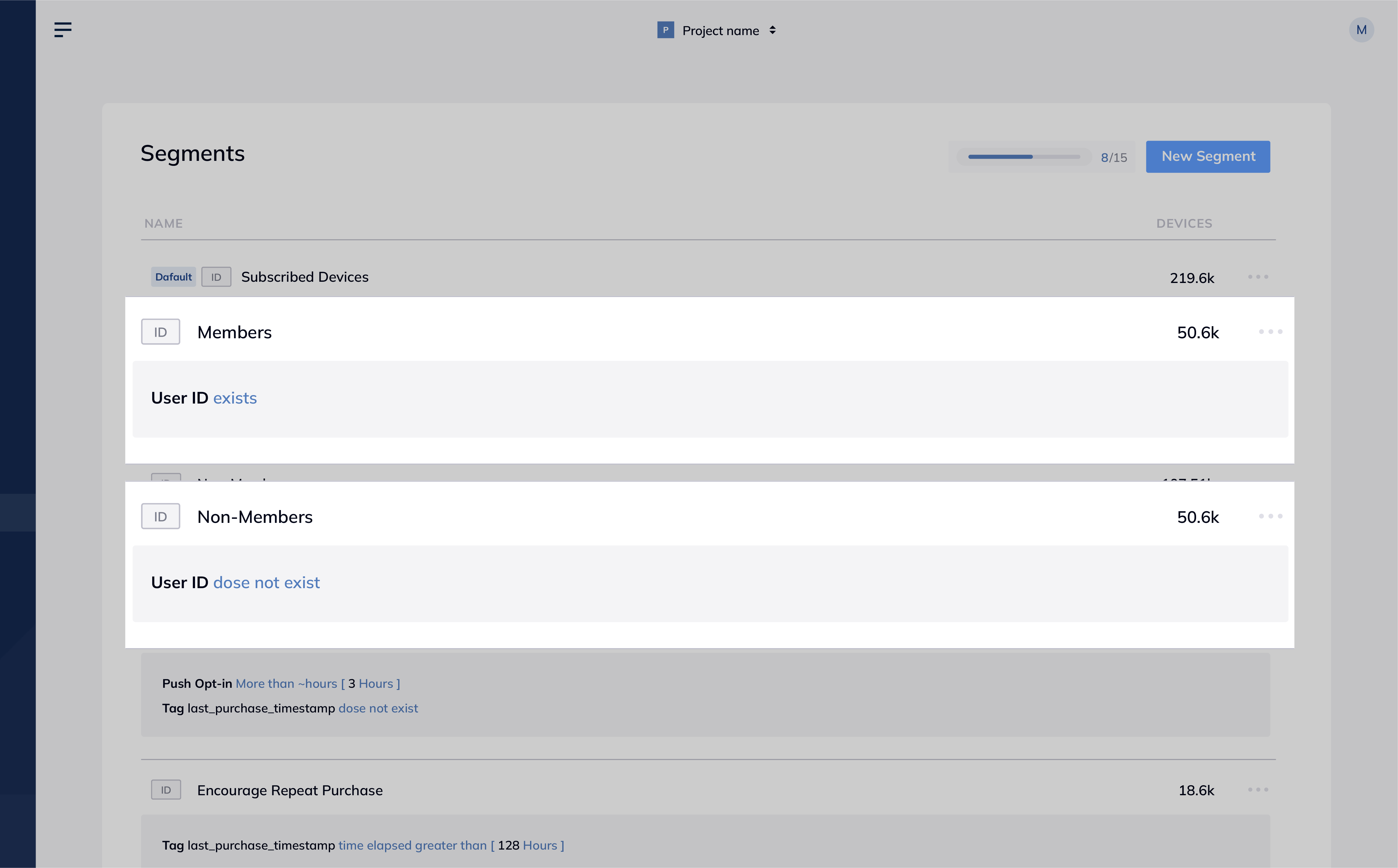 FlareLane Segments page showing how to use User ID to create members and non-members segments