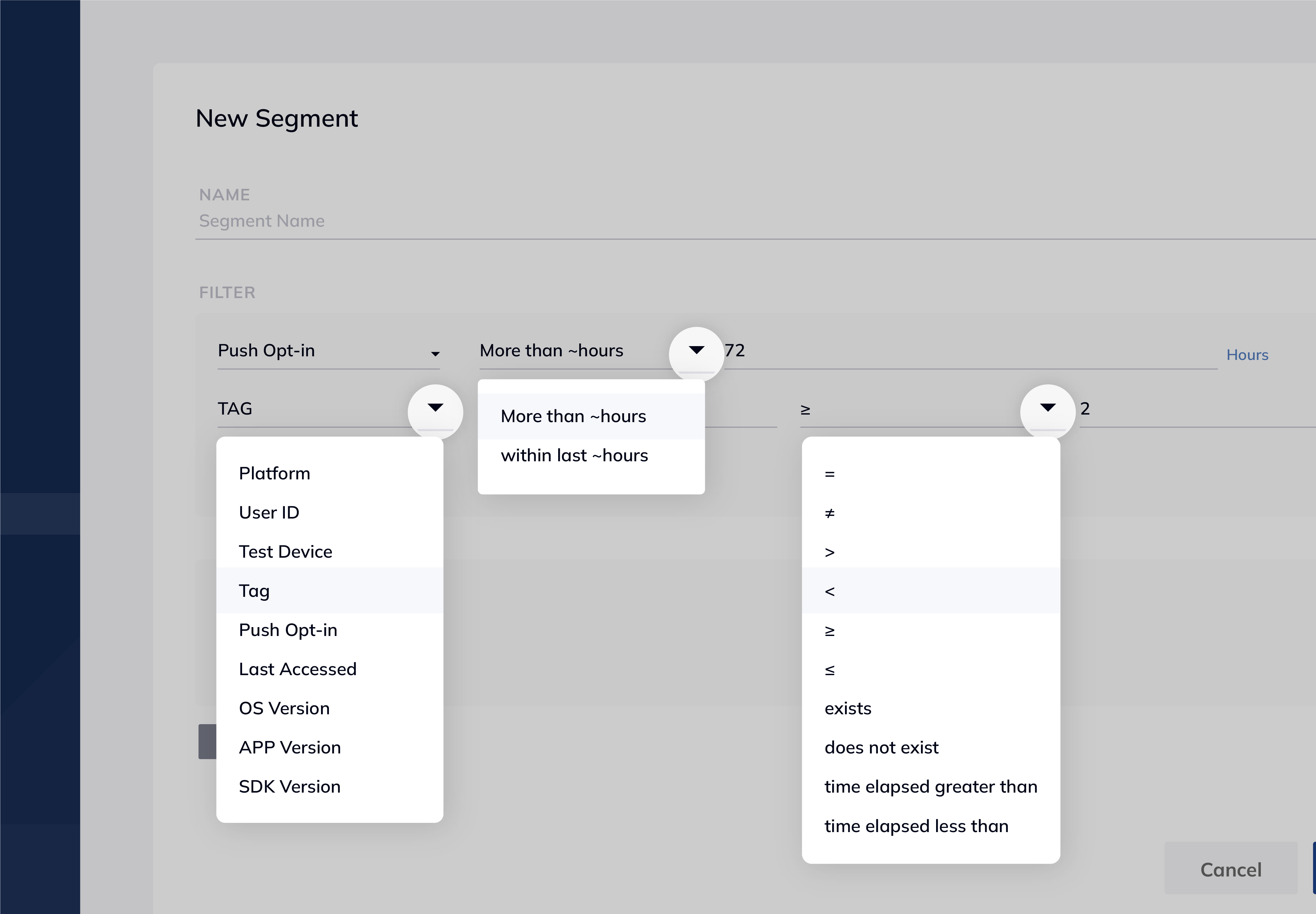 FlareLane Segments page showing a list of filters